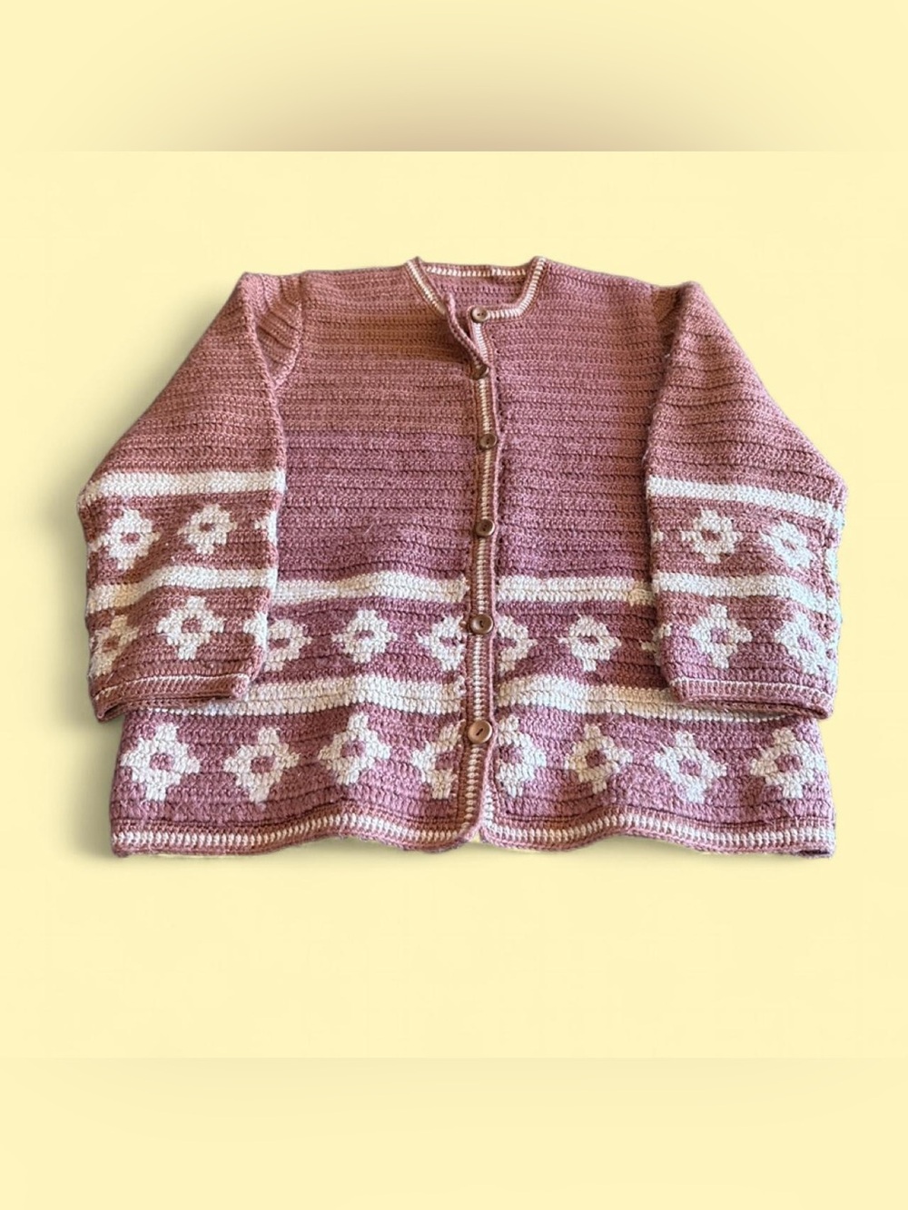 Vintage Hand Knit Cardigan Sweater Women’s M Pink Cream Heavyweight Chunky